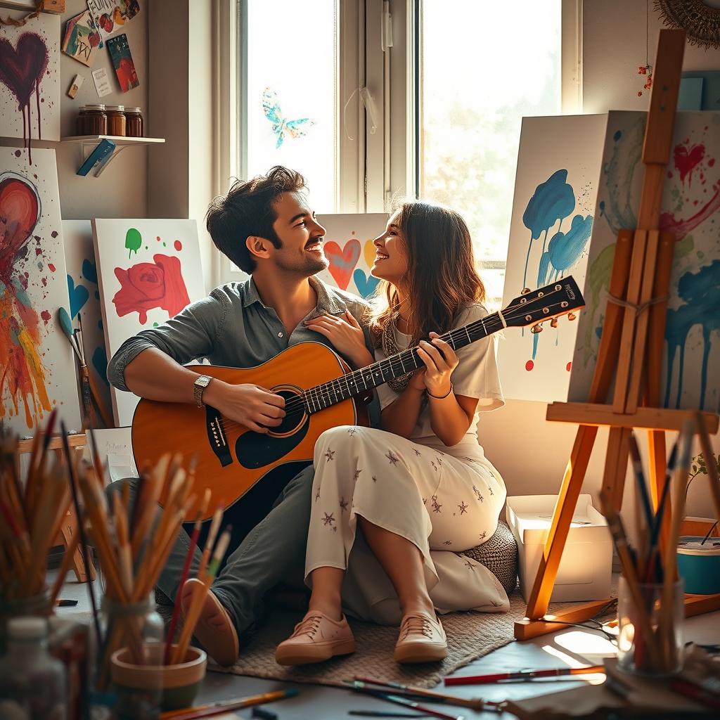 A beautifully romantic scene showcasing love, music, and art