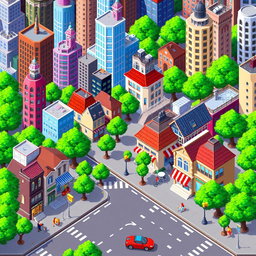 A vibrant city pixel art sprite sheet, featuring various buildings, streets, trees, and cars