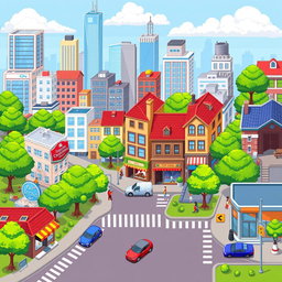 A vibrant city pixel art sprite sheet, featuring various buildings, streets, trees, and cars