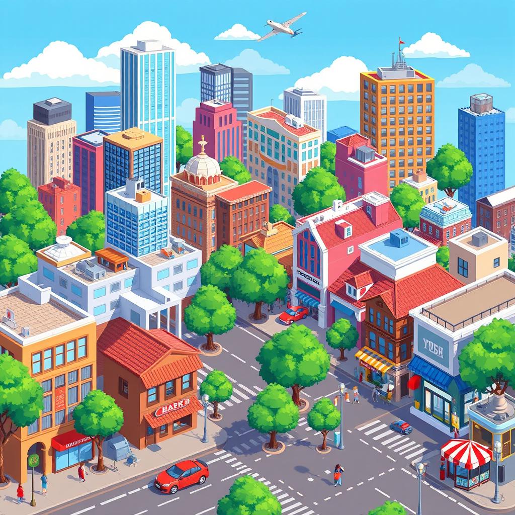 A vibrant city pixel art sprite sheet, featuring various buildings, streets, trees, and cars