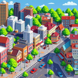 A vibrant city pixel art sprite sheet, featuring various buildings, streets, trees, and cars