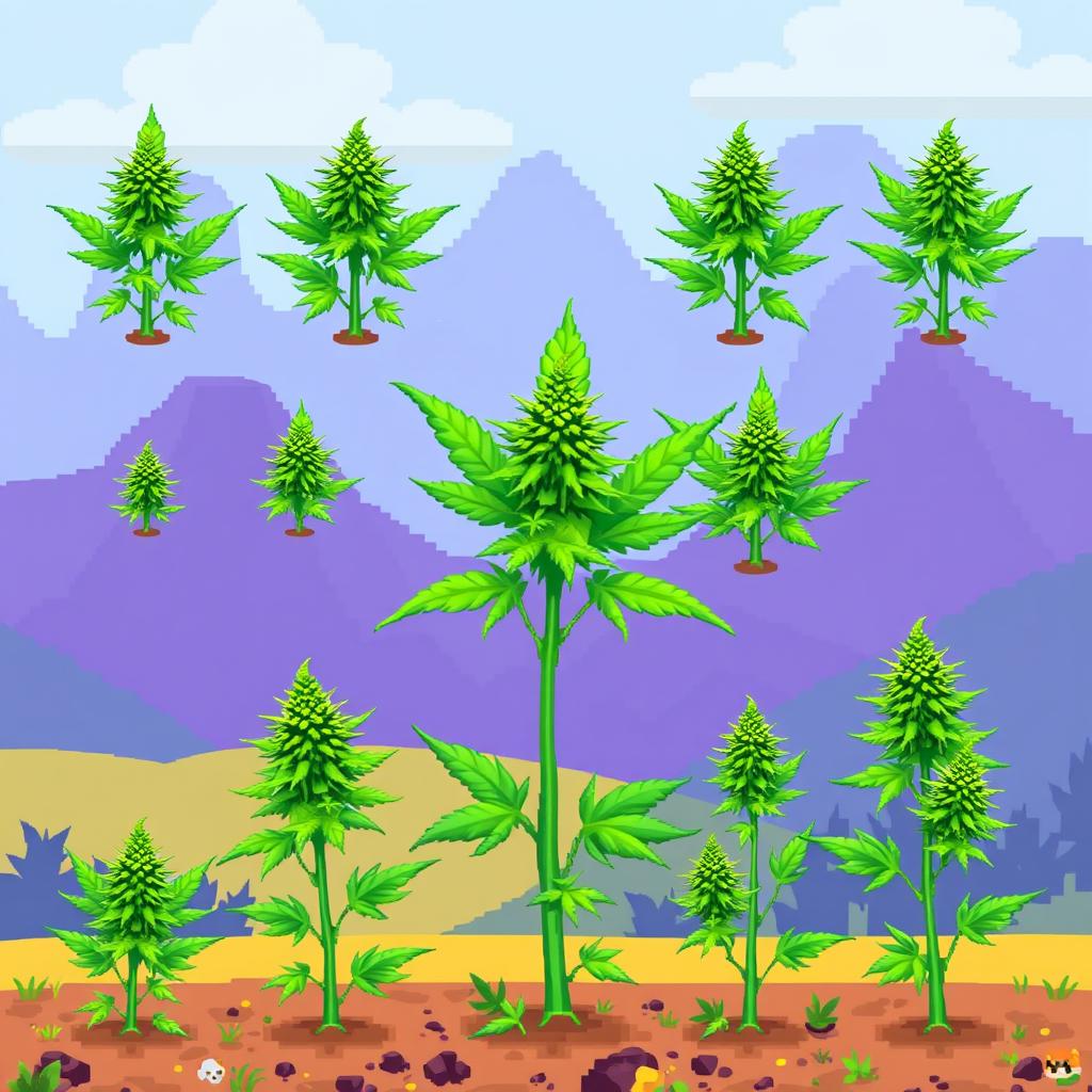 A detailed spritesheet featuring pixel art of marijuana plants in various growth stages, showcasing vibrant green leaves, distinctive serrated edges, and realistic bud formations