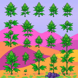 A detailed spritesheet featuring pixel art of marijuana plants in various growth stages, showcasing vibrant green leaves, distinctive serrated edges, and realistic bud formations