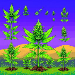 A detailed spritesheet featuring pixel art of marijuana plants in various growth stages, showcasing vibrant green leaves, distinctive serrated edges, and realistic bud formations