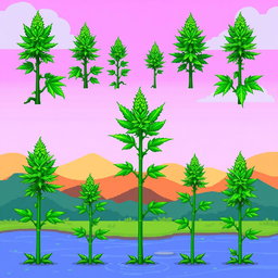 A detailed spritesheet featuring pixel art of marijuana plants in various growth stages, showcasing vibrant green leaves, distinctive serrated edges, and realistic bud formations