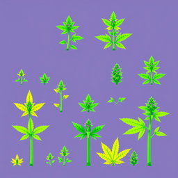 A vibrant pixel art spritesheet featuring various stages of marijuana plants, including seedlings, small plants, and mature plants with fully developed leaves and buds