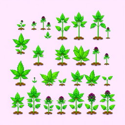 A vibrant pixel art spritesheet featuring various stages of marijuana plants, including seedlings, small plants, and mature plants with fully developed leaves and buds