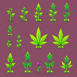 A vibrant pixel art spritesheet featuring various stages of marijuana plants, including seedlings, small plants, and mature plants with fully developed leaves and buds