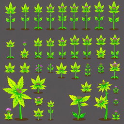 A vibrant pixel art spritesheet featuring various stages of marijuana plants, including seedlings, small plants, and mature plants with fully developed leaves and buds