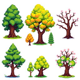 A pixel art spritesheet featuring various styled trees, including a tall oak, a small pine, and a flowering cherry tree