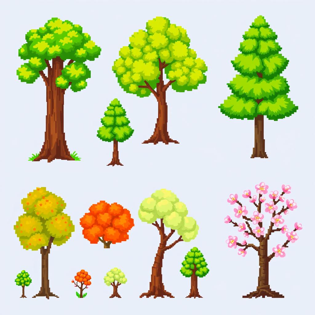 A pixel art spritesheet featuring various styled trees, including a tall oak, a small pine, and a flowering cherry tree