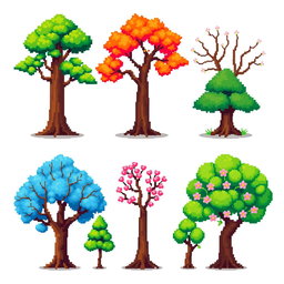 A pixel art spritesheet featuring various styled trees, including a tall oak, a small pine, and a flowering cherry tree