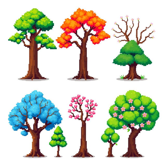 A pixel art spritesheet featuring various styled trees, including a tall oak, a small pine, and a flowering cherry tree