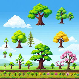 A detailed pixel art spritesheet featuring various types of trees (arbol) including an oak tree, a pine tree, and a cherry blossom tree