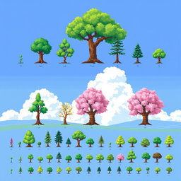 A detailed pixel art spritesheet featuring various types of trees (arbol) including an oak tree, a pine tree, and a cherry blossom tree