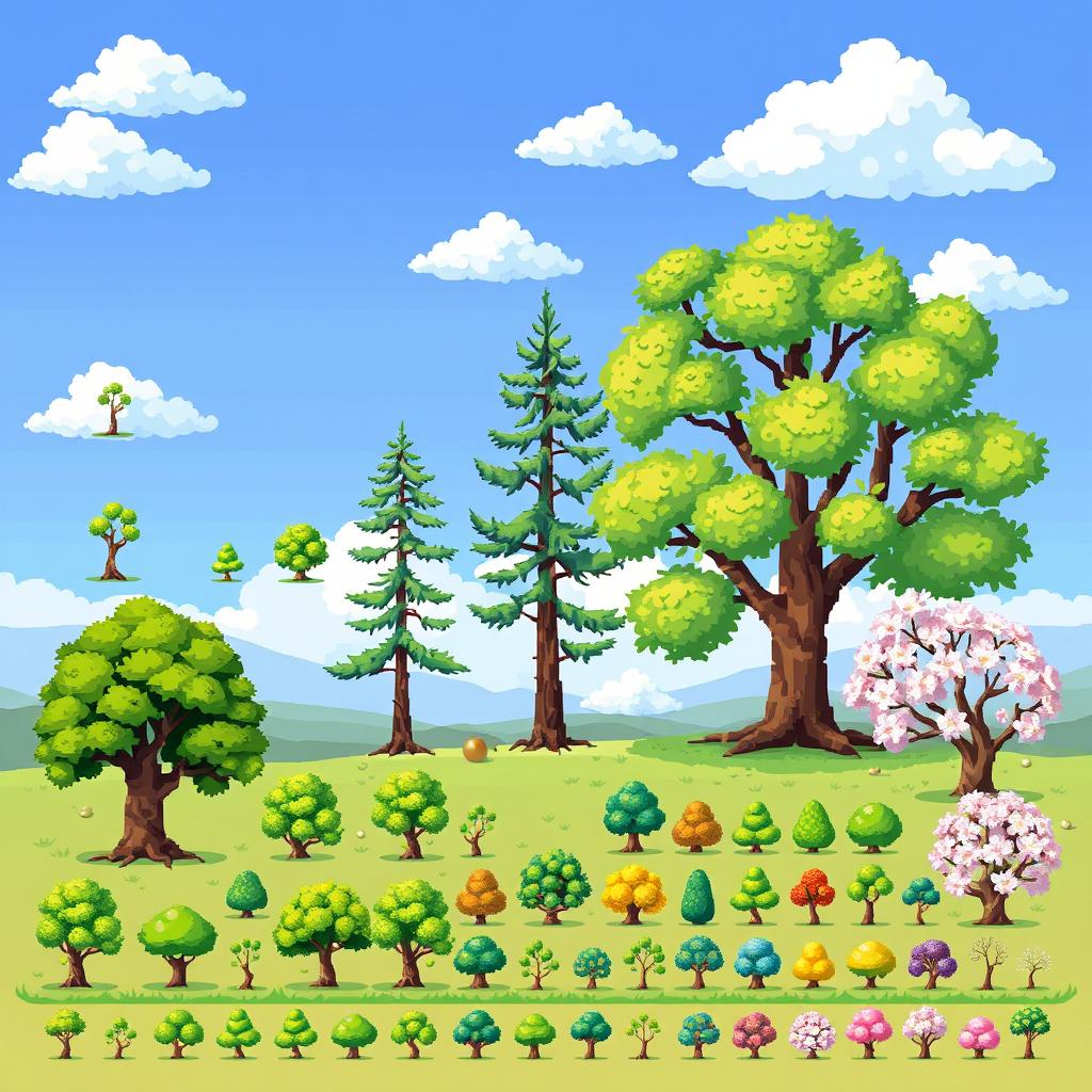 A detailed pixel art spritesheet featuring various types of trees (arbol) including an oak tree, a pine tree, and a cherry blossom tree