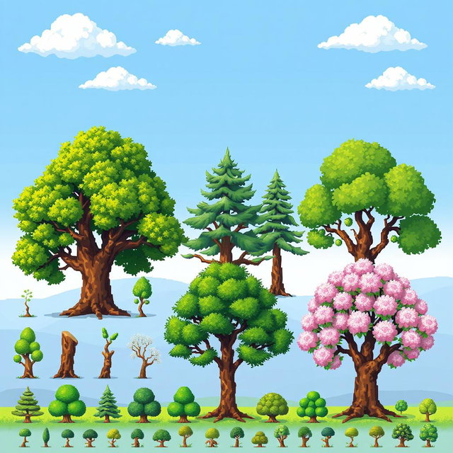 A detailed pixel art spritesheet featuring various types of trees (arbol) including an oak tree, a pine tree, and a cherry blossom tree