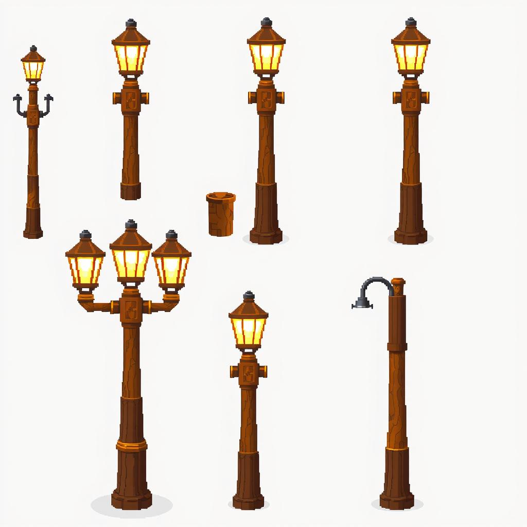 A detailed pixel art spritesheet depicting a wooden lamppost (farola de madera) in various angles and lighting conditions