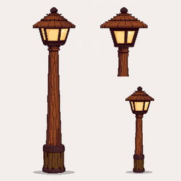 A detailed pixel art spritesheet depicting a wooden lamppost (farola de madera) in various angles and lighting conditions
