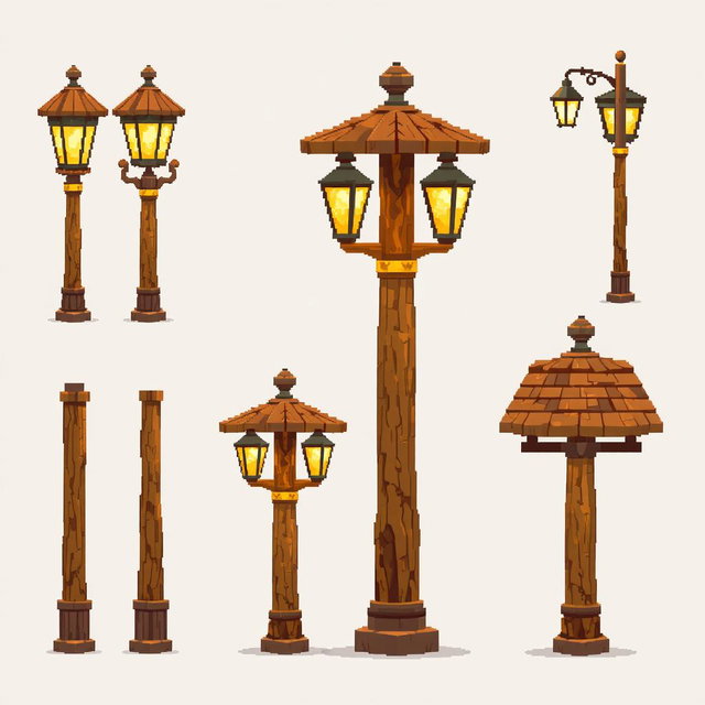 A detailed pixel art spritesheet depicting a wooden lamppost (farola de madera) in various angles and lighting conditions