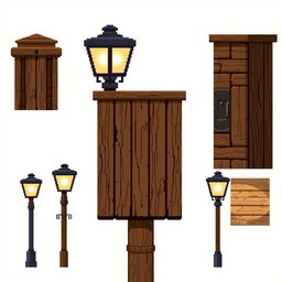 A detailed pixel art spritesheet depicting a wooden lamppost (farola de madera) in various angles and lighting conditions
