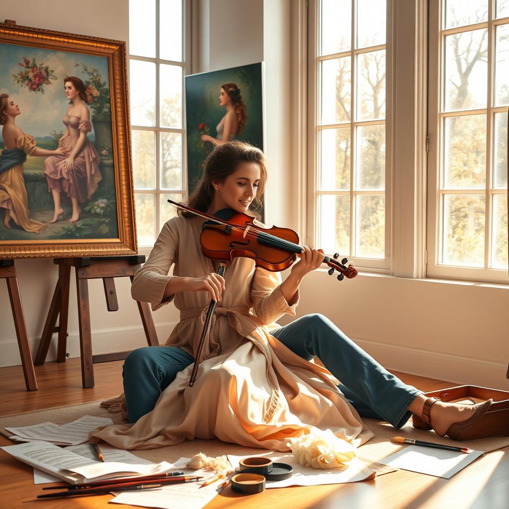 A serene and romantic scene celebrating love, music, and art