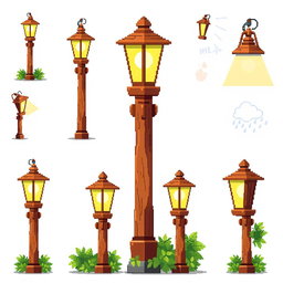 A pixel art spritesheet featuring a wooden street lamp (farola de madera)