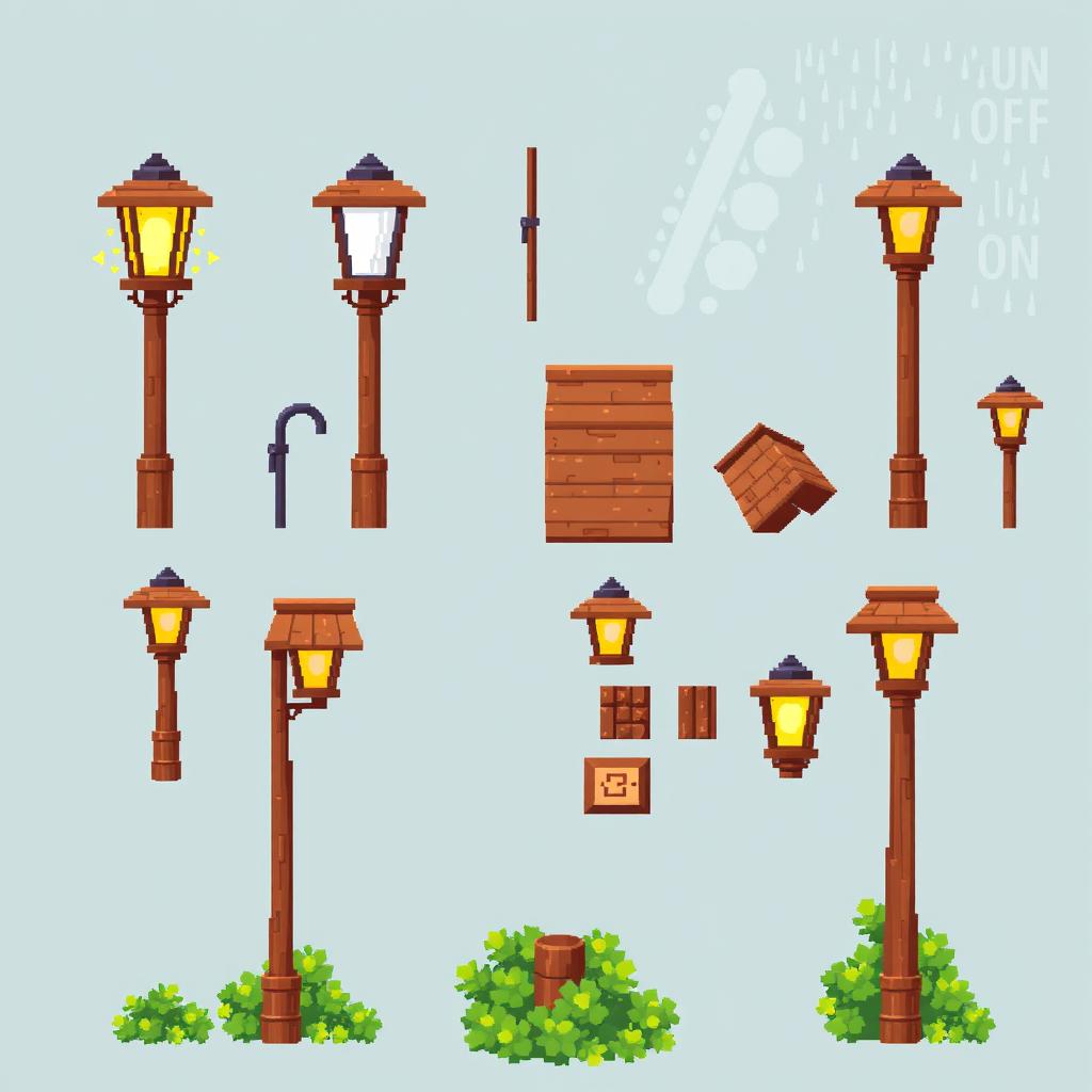 A pixel art spritesheet featuring a wooden street lamp (farola de madera)
