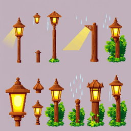 A pixel art spritesheet featuring a wooden street lamp (farola de madera)