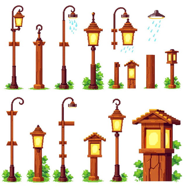 A pixel art spritesheet featuring a wooden street lamp (farola de madera)