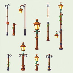 A pixel art spritesheet featuring a wooden streetlamp (farola de madera)