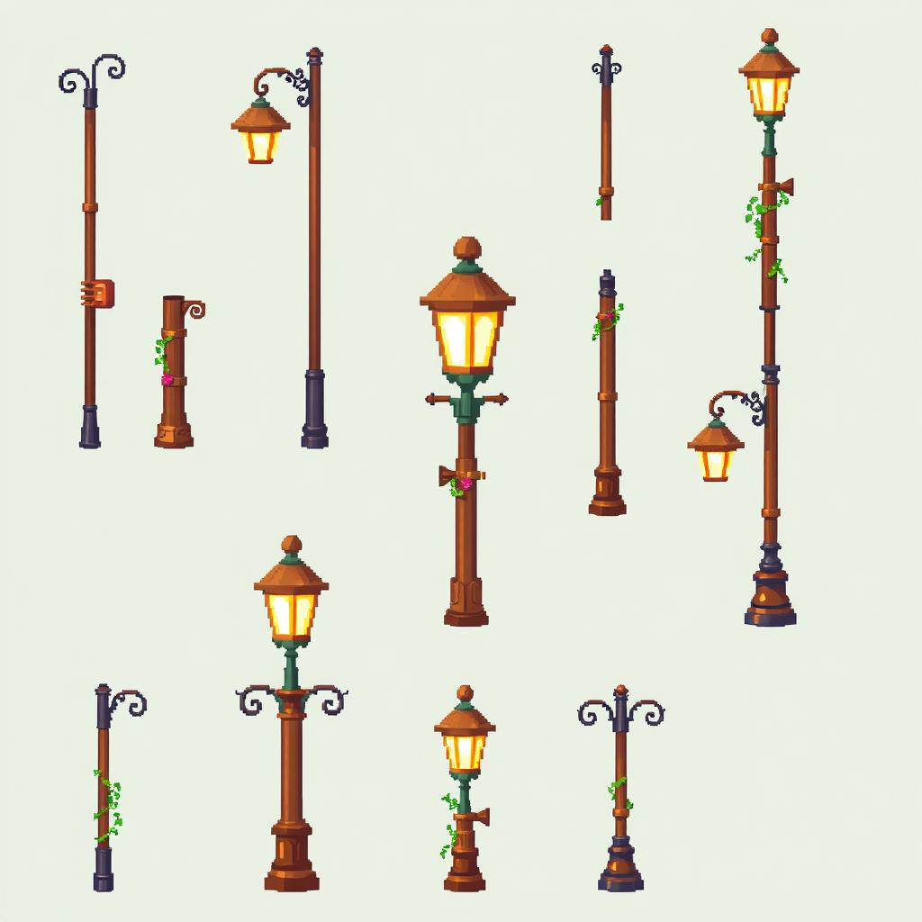 A pixel art spritesheet featuring a wooden streetlamp (farola de madera)