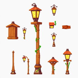 A pixel art spritesheet featuring a wooden streetlamp (farola de madera)