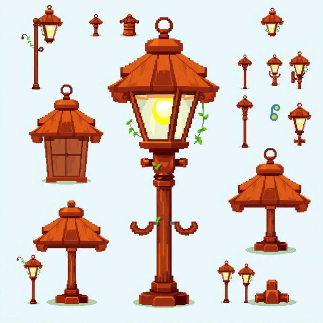 A pixel art spritesheet featuring a wooden streetlamp (farola de madera)