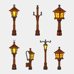 A detailed pixel art spritesheet featuring a wooden street lamp (farola de madera) design