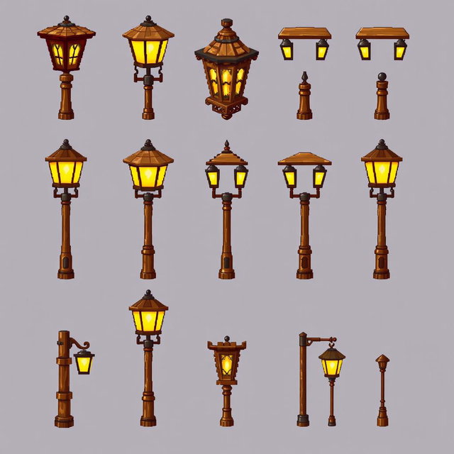 A detailed pixel art spritesheet featuring a wooden street lamp (farola de madera) design