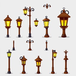 A detailed pixel art spritesheet featuring a wooden street lamp (farola de madera) design