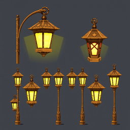 A detailed pixel art spritesheet featuring a wooden street lamp (farola de madera) design