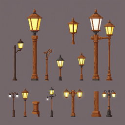 A pixel art spritesheet depicting wooden street lamps (farola) in various styles and designs, showcasing details like texture on the wooden posts, glowing illumination effects from the lamps, and different angles of the lamps for versatility in animations