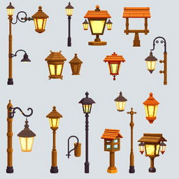 A pixel art spritesheet depicting wooden street lamps (farola) in various styles and designs, showcasing details like texture on the wooden posts, glowing illumination effects from the lamps, and different angles of the lamps for versatility in animations