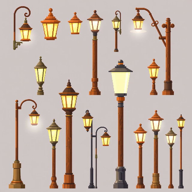 A pixel art spritesheet depicting wooden street lamps (farola) in various styles and designs, showcasing details like texture on the wooden posts, glowing illumination effects from the lamps, and different angles of the lamps for versatility in animations