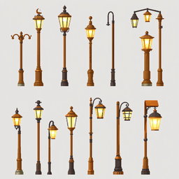 A pixel art spritesheet depicting wooden street lamps (farola) in various styles and designs, showcasing details like texture on the wooden posts, glowing illumination effects from the lamps, and different angles of the lamps for versatility in animations