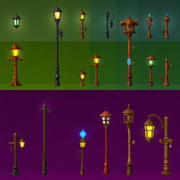 A pixel art spritesheet depicting various wooden street lamps (farola de madera) in different styles and designs