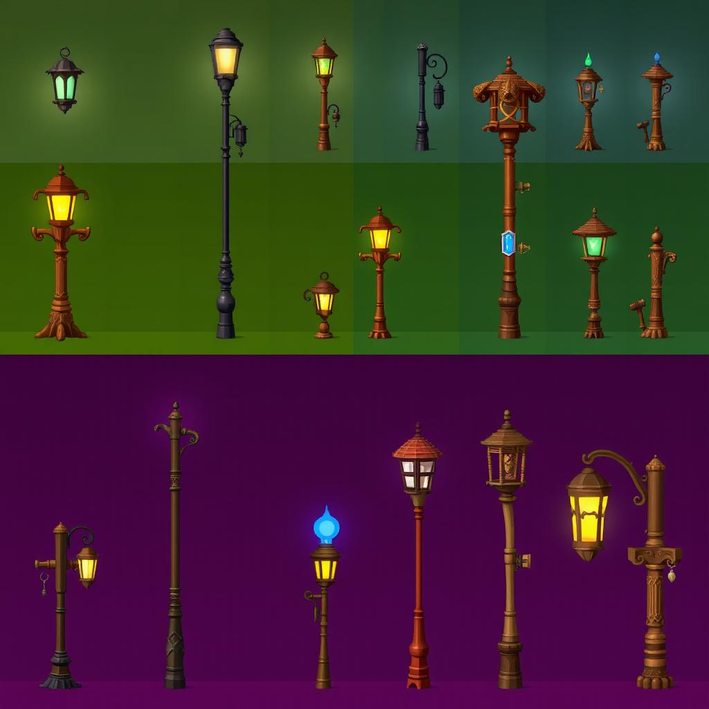 A pixel art spritesheet depicting various wooden street lamps (farola de madera) in different styles and designs