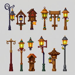 A pixel art spritesheet depicting various wooden street lamps (farola de madera) in different styles and designs