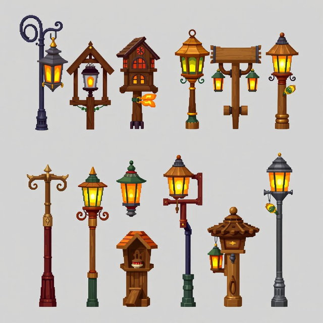 A pixel art spritesheet depicting various wooden street lamps (farola de madera) in different styles and designs
