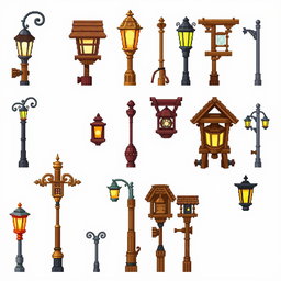 A pixel art spritesheet depicting various wooden street lamps (farola de madera) in different styles and designs