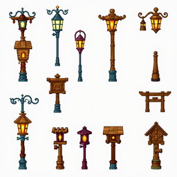 A pixel art spritesheet depicting various wooden street lamps (farola de madera) in different styles and designs