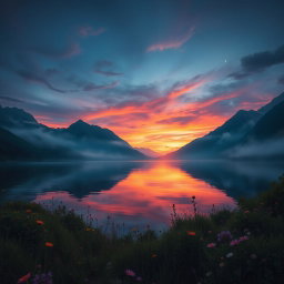 A mystical landscape featuring a serene lake surrounded by ethereal mountains under a twilight sky
