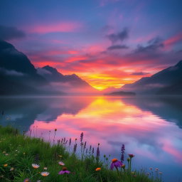 A mystical landscape featuring a serene lake surrounded by ethereal mountains under a twilight sky